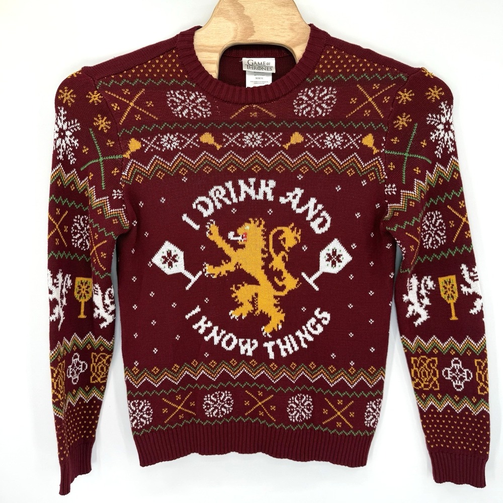 Game of Thrones Sweater Men Medium Burgundy I Drink and I Know Things Lannister‎